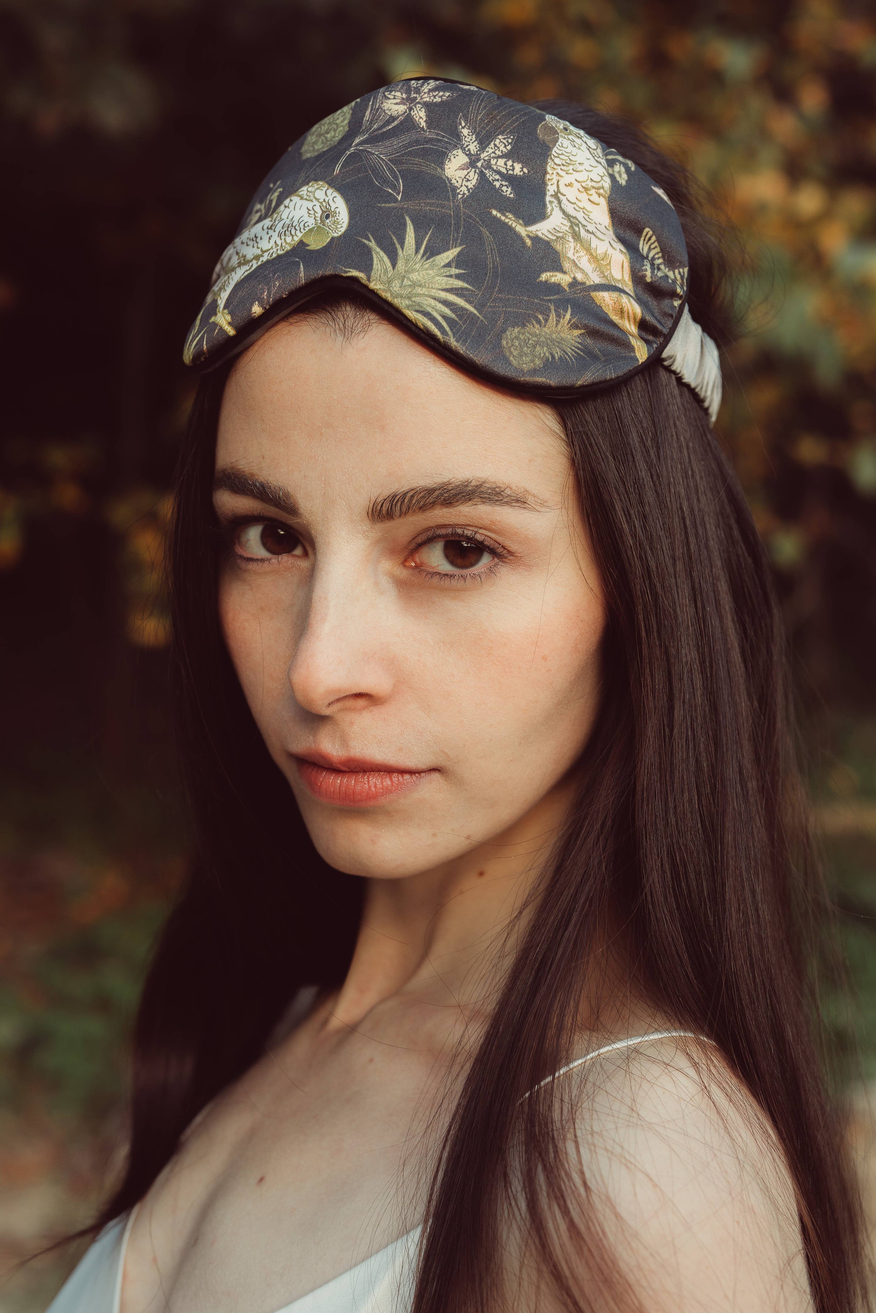 Black Parrot Printed Silk Eye Mask - Image 4